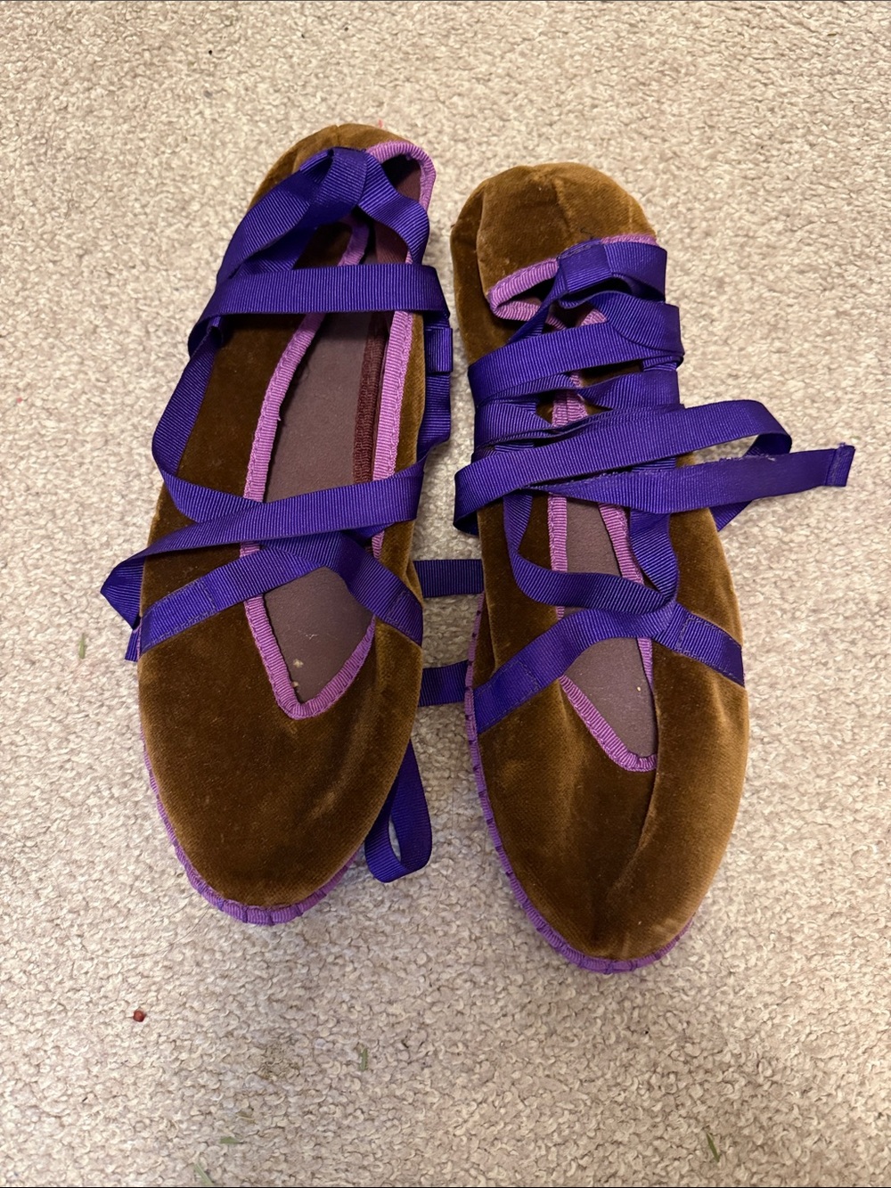 Flabelus Brown Velvet Ballet Flat with Purple Ribbon Tie - Picture 3 of 5